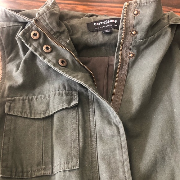 Army Green Jacket with Knit Sleeves and Hood - Picture 4 of 6